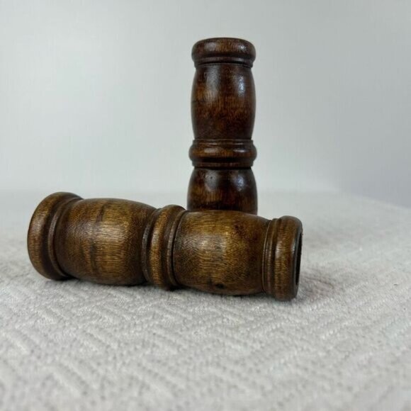 Vintage Carved Handmade Wooden Pair Two 2 MCM Boho Candle Holders Brown Retro - Picture 9 of 10